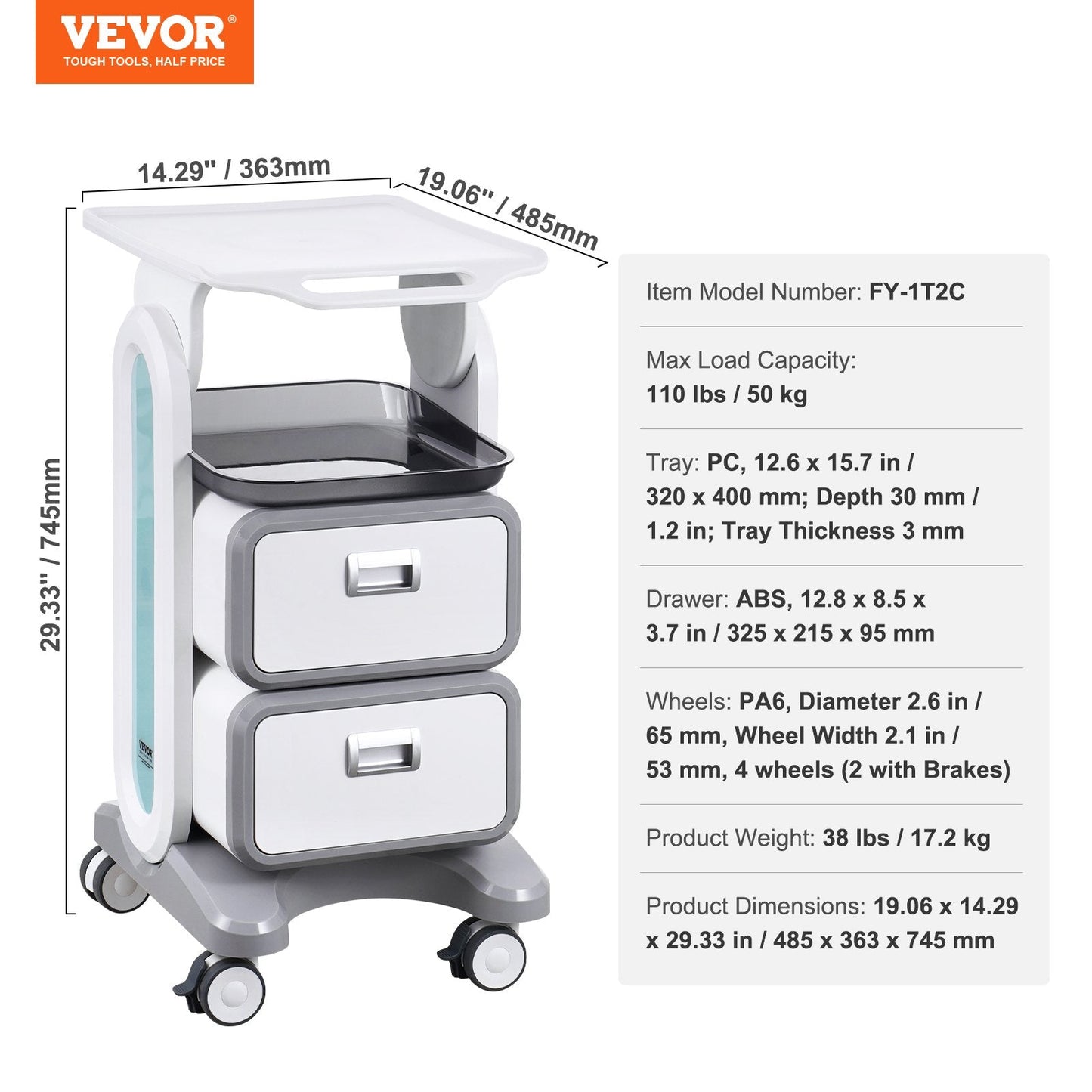 White 3-tier lab utility cart with 2 drawers, top tray, ABS material, and silent wheels, suitable for medical, lab, or clinic use.