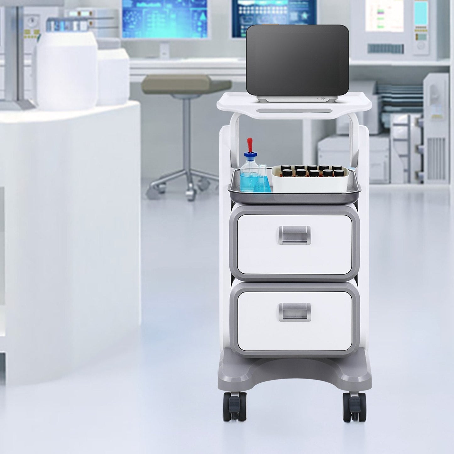 White 3-tier lab utility cart with 2 drawers, top tray, and four silent wheels, made of ABS for medical, lab, and clinic use.
