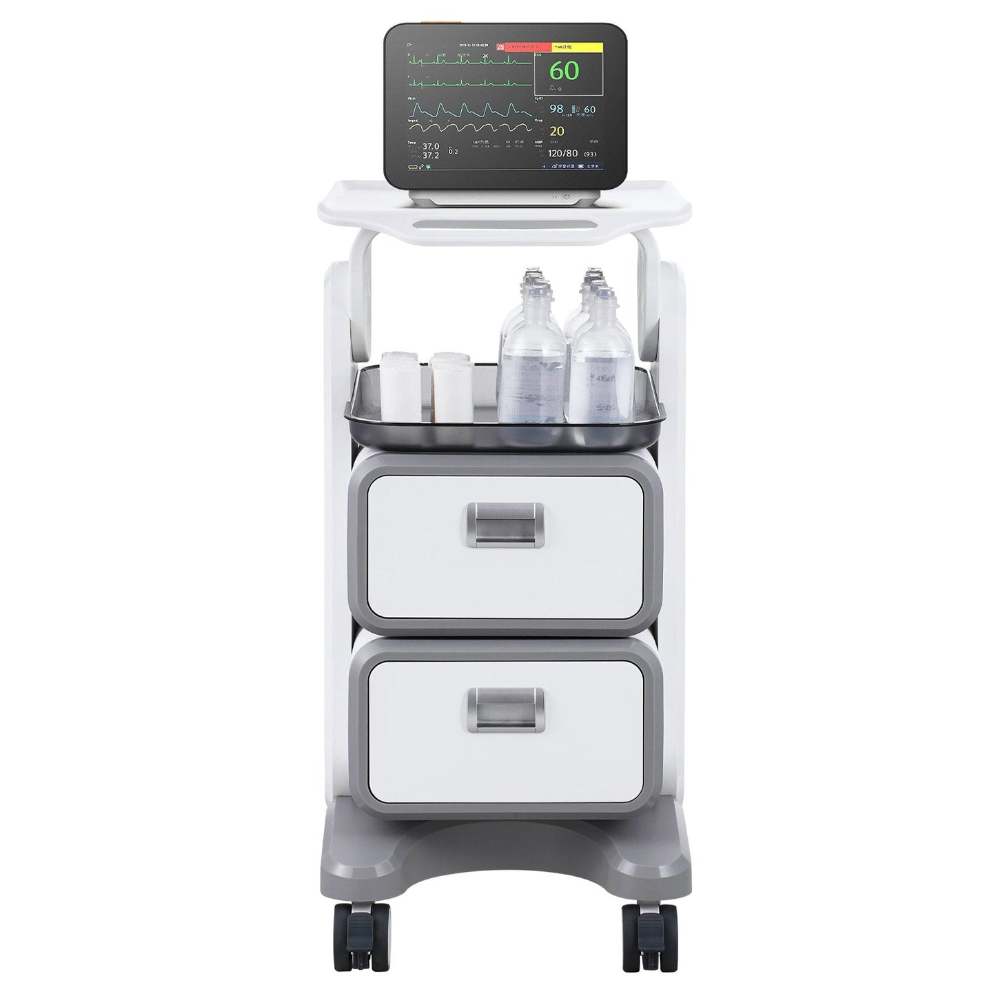 White 3-tier lab utility cart with 2 drawers, top tray, ABS material, four silent wheels, suitable for medical, lab, or clinical use.