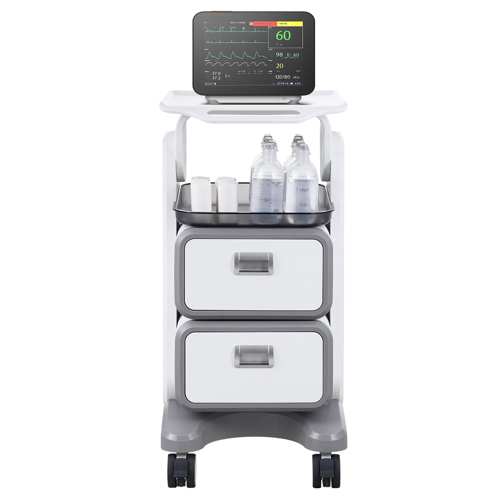 White 3-tier lab utility cart with 2 drawers, top tray, ABS material, four silent wheels, suitable for medical, lab, or clinical use.