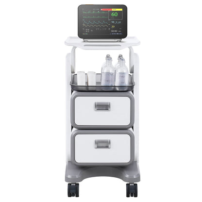 White 3-tier lab utility cart with 2 drawers, top tray, ABS material, four silent wheels, suitable for medical, lab, or clinical use.