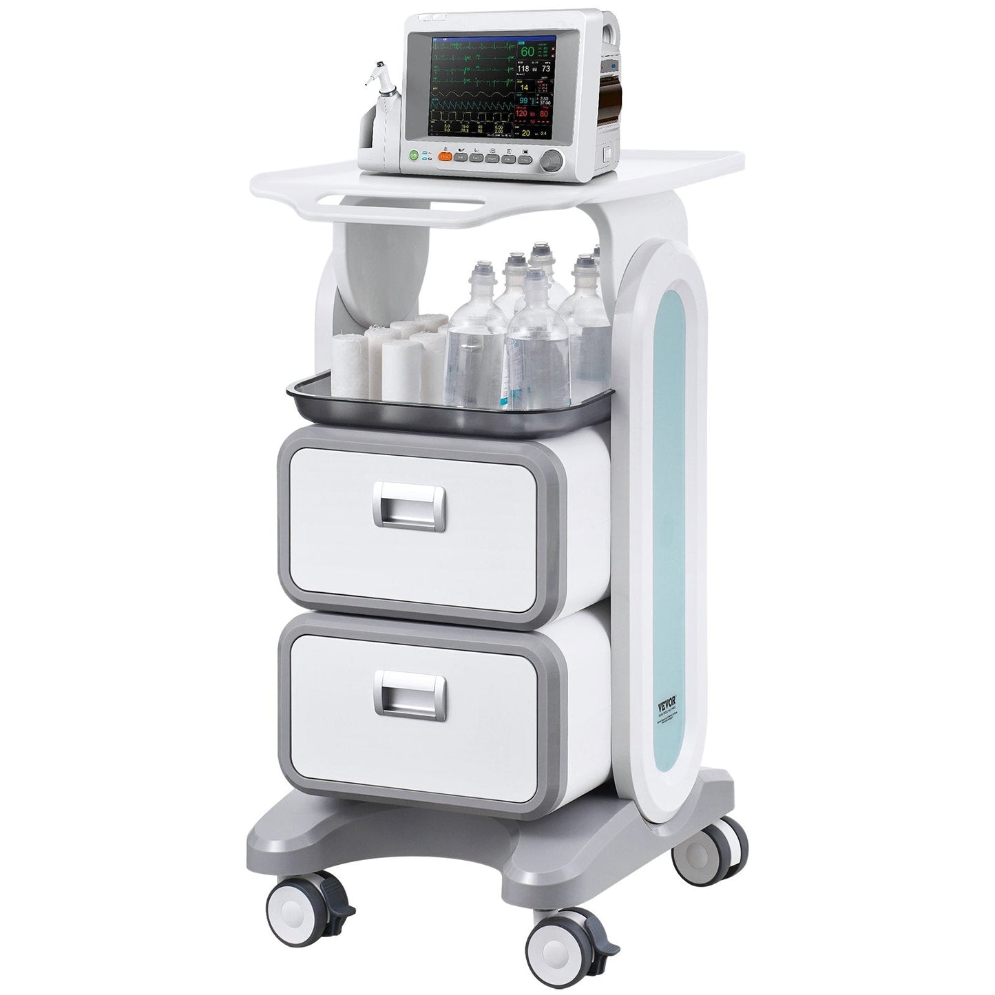 Hlpmedical 3-tier lab utility cart with 2 drawers, top tray, ABS material, mobile with 4 silent wheels, white for labs and clinics