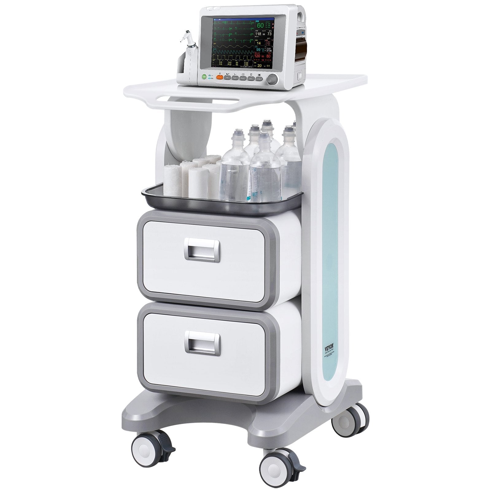 Hlpmedical 3-tier lab utility cart with 2 drawers, top tray, ABS material, mobile with 4 silent wheels, white for labs and clinics