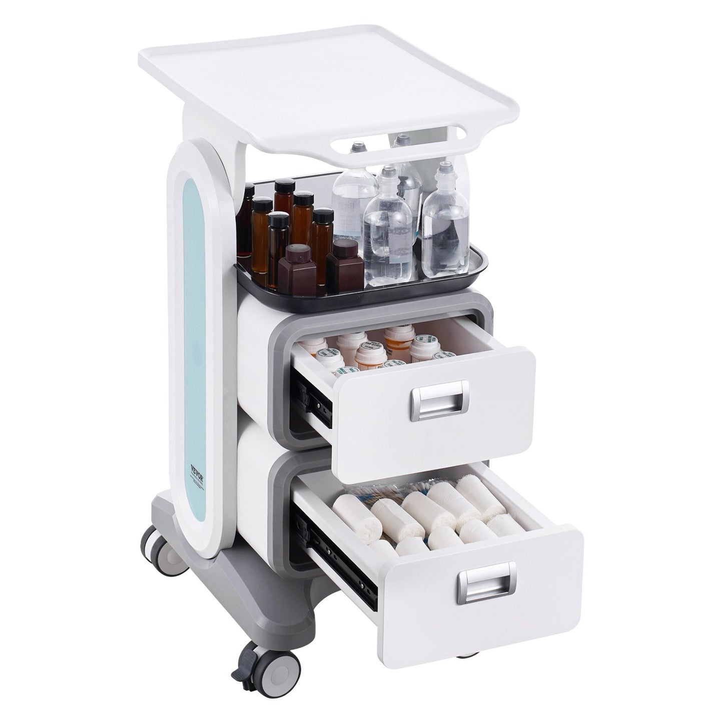 White 3-tier lab utility cart by Hlpmedical with 2 drawers, top tray, mobile ABS construction, 4 silent wheels for labs and clinics.