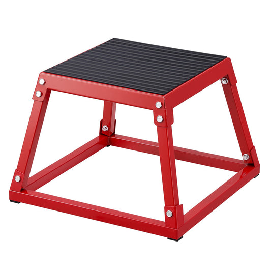 Red 12-inch steel plyometric jump box for fitness training, with anti-slip surface, ideal for home gym conditioning and agility exercises.