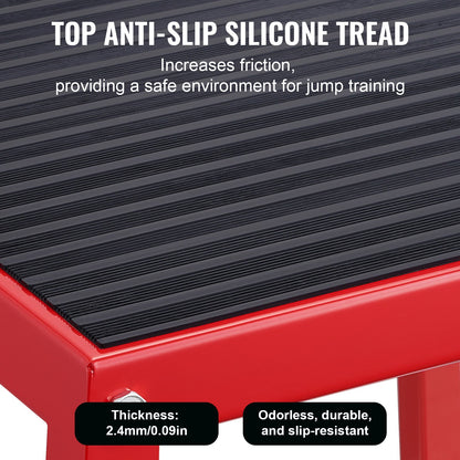 Red 12-inch plyometric jump box by Hlpmedical, steel agility platform for fitness, home gym, and strength training exercises.