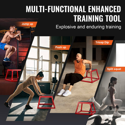 Red 12-inch plyometric jump box by Hlpmedical, steel fitness platform for agility, strength training, and home gym exercises.