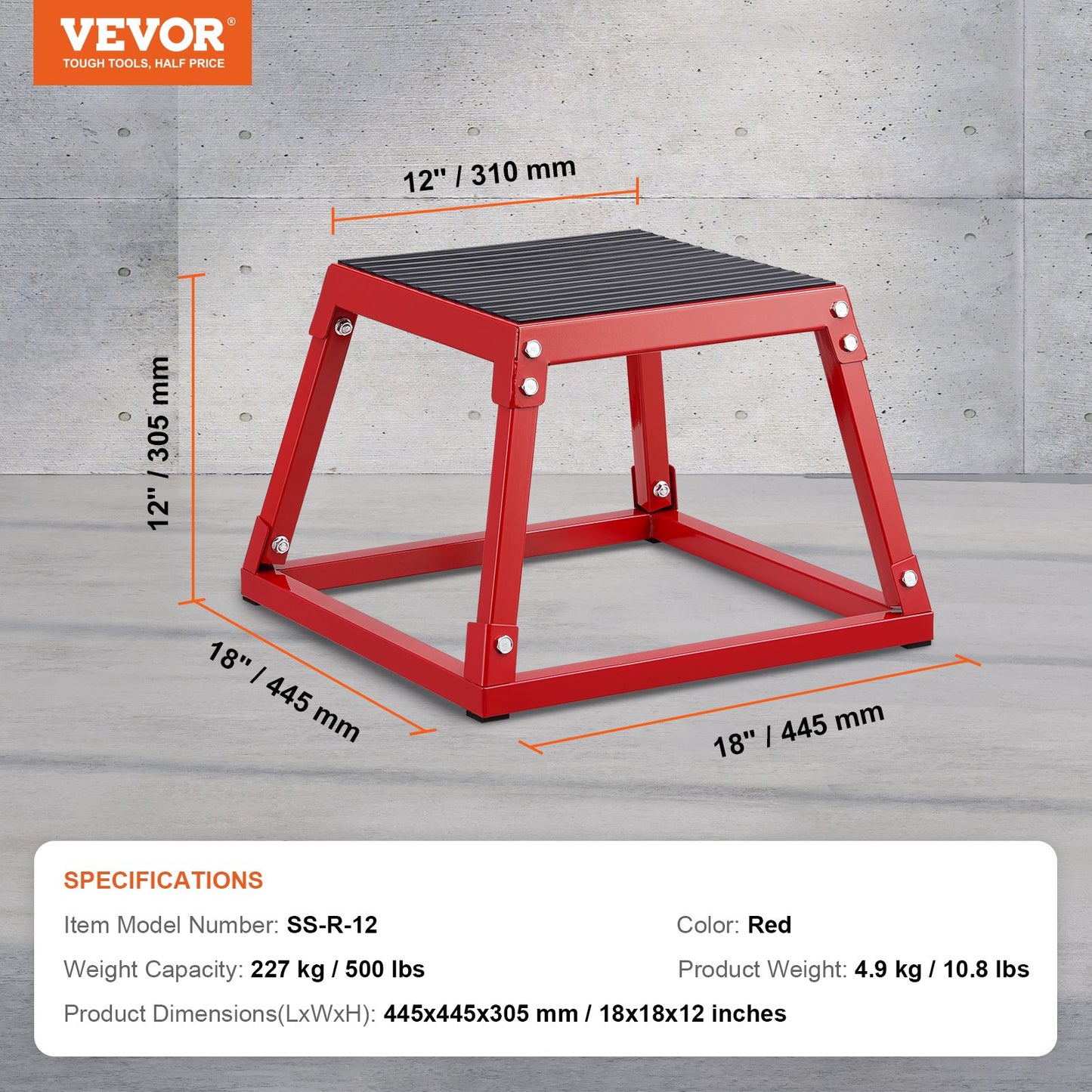Red 12-inch Plyometric Jump Box by Hlpmedical, steel fitness step-up platform for agility, strength, and home gym conditioning.