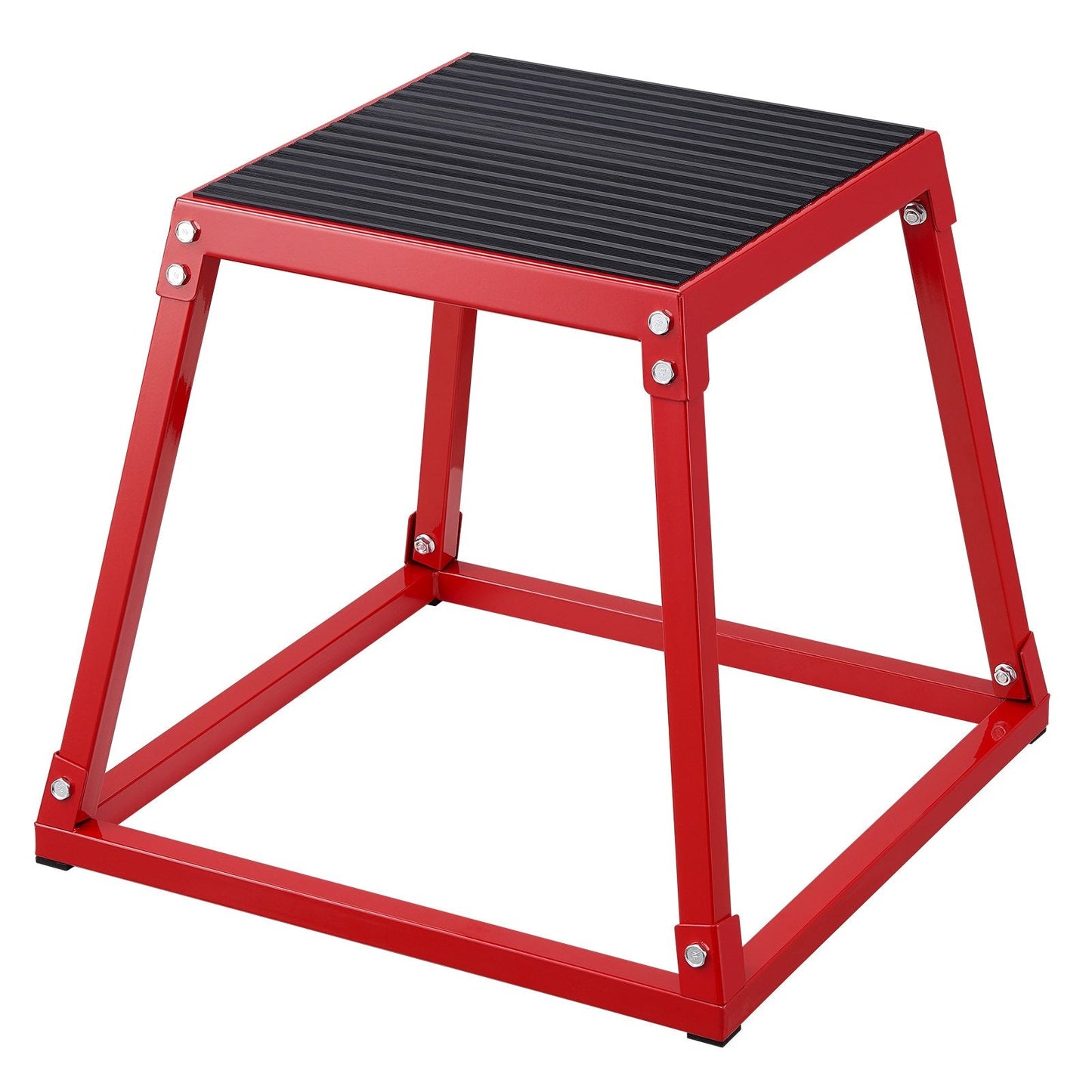 Red 18-inch steel plyometric jump box for fitness training, featuring anti-slip surface for safe exercise and agility workouts.