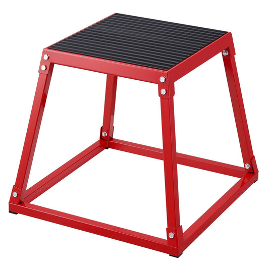 Red 18-inch steel plyometric jump box for fitness training, featuring anti-slip surface for safe exercise and agility workouts.