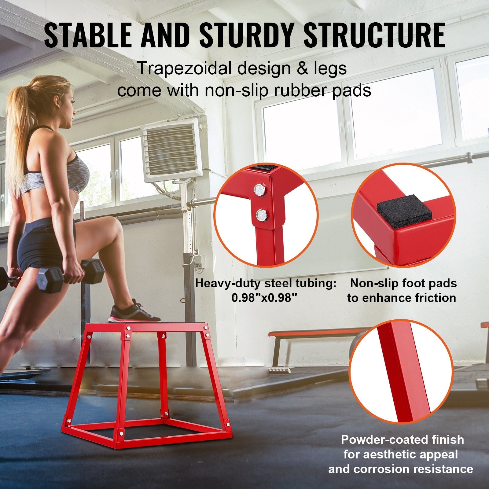 Red 18-inch plyometric jump box with anti-slip surface for agility, strength, and home gym fitness training by Hlpmedical.