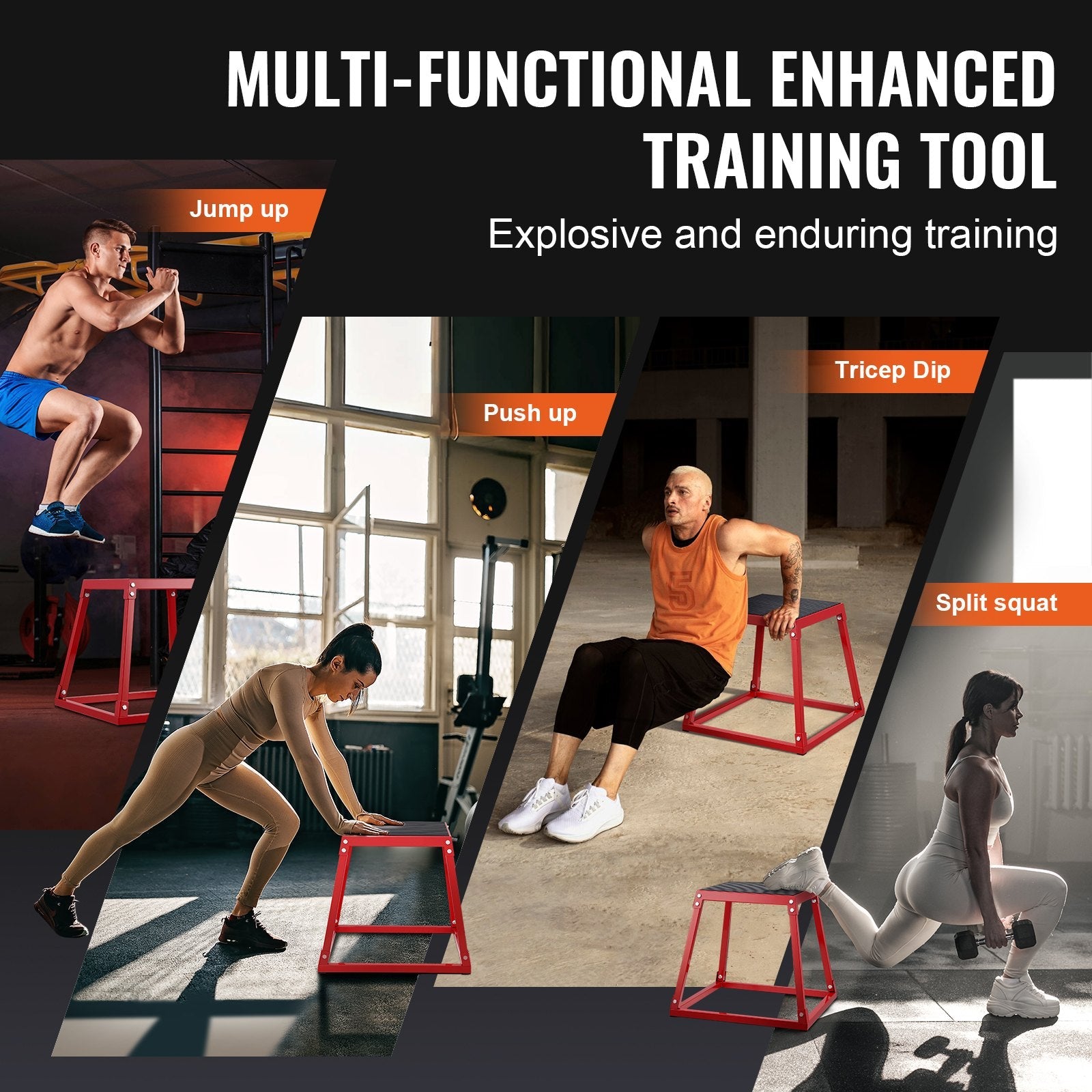 Red 18-inch steel plyometric jump box for fitness, with anti-slip surface, used for agility, strength, and conditioning training.