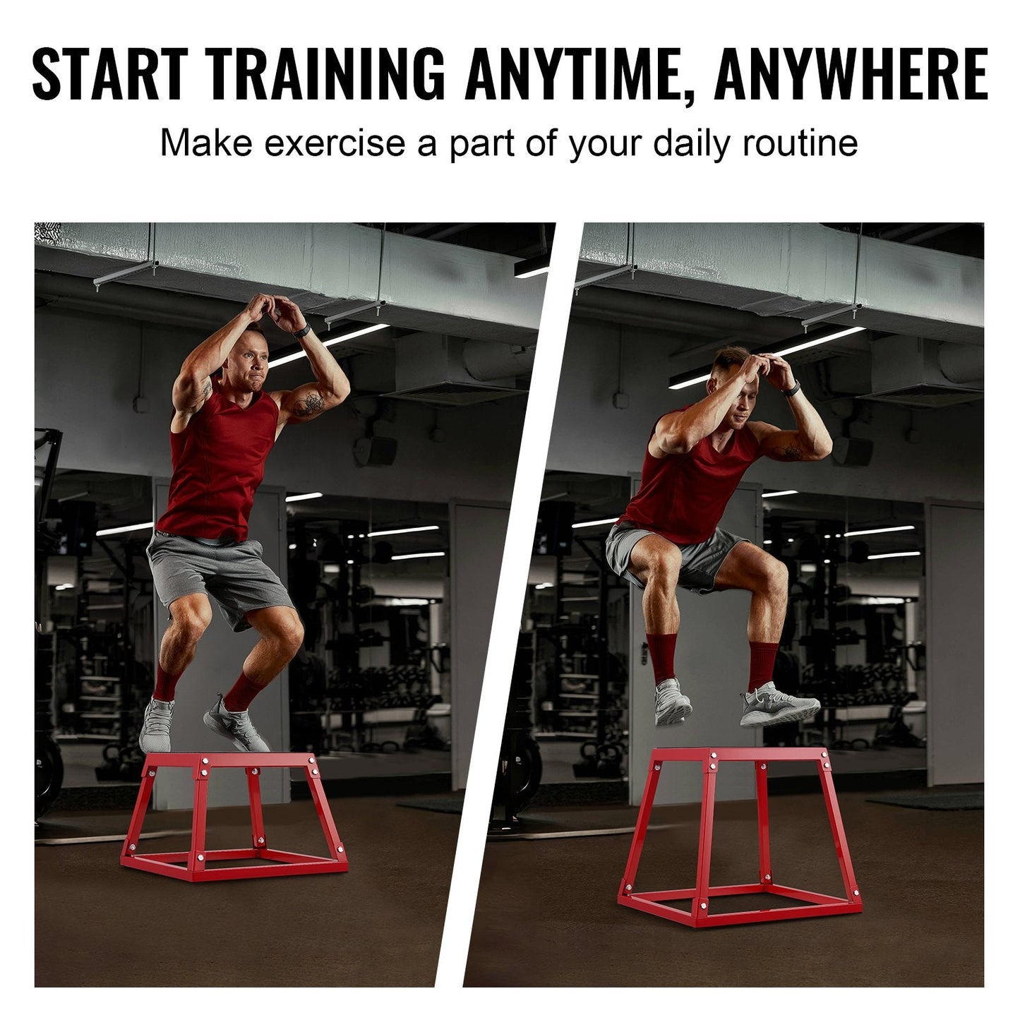 Red 18-inch steel plyometric jump box for cardio and strength training, with anti-slip surface for home gym agility exercises.