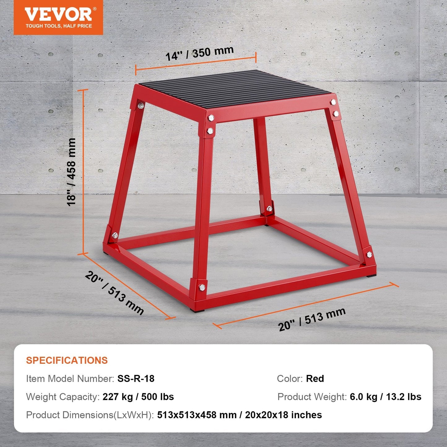 Red 18-inch plyometric jump box with anti-slip surface, steel construction, used for fitness, agility, and strength training exercises.