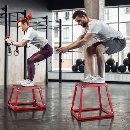 Red 18-inch plyometric jump box with anti-slip surface, steel platform for fitness, agility, and strength training exercises.