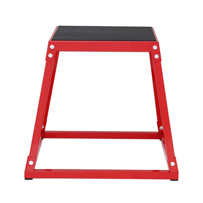 Red 18-inch steel plyometric jump box for agility, strength, and home gym exercises with anti-slip surface.