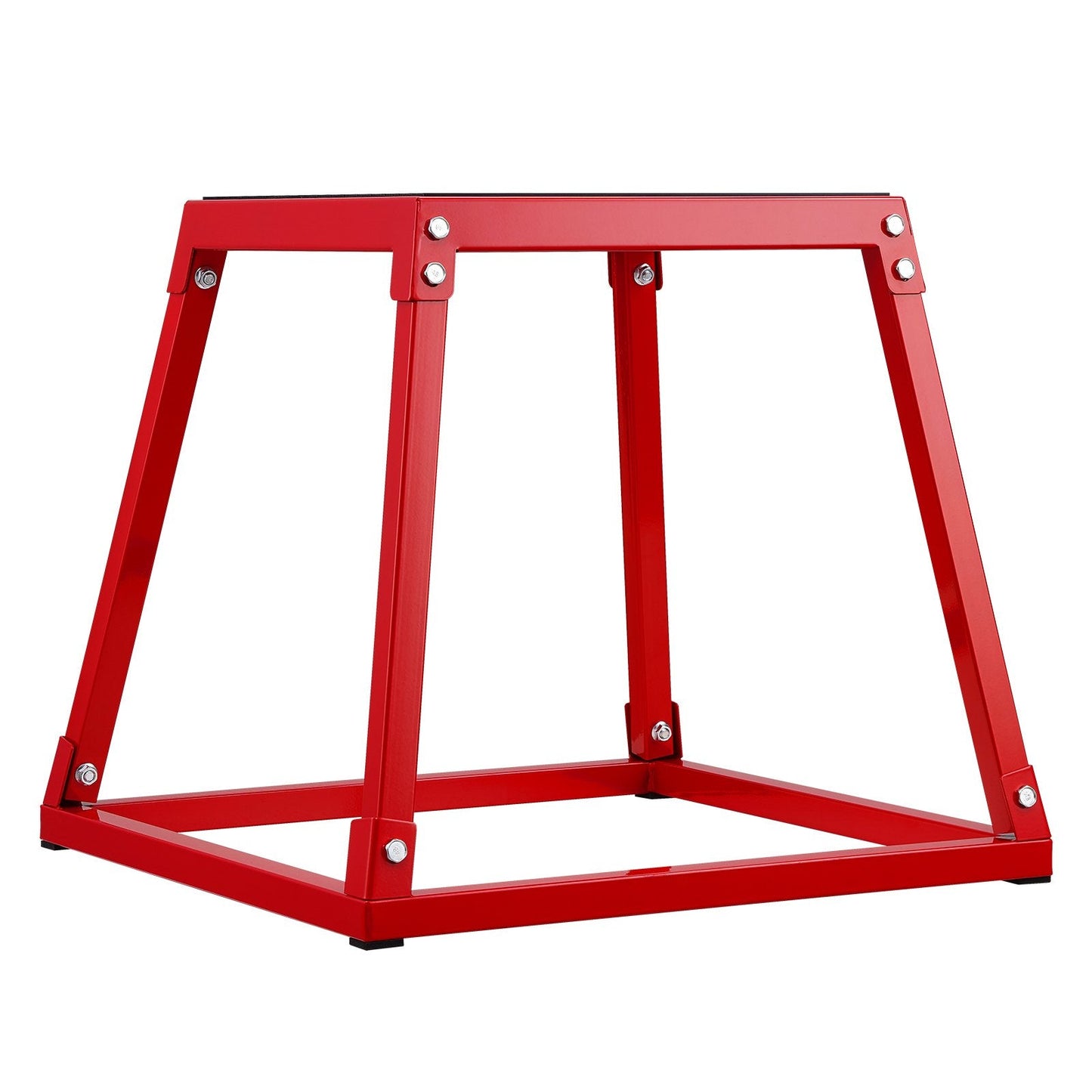 Red 18-inch plyometric jump box with anti-slip surface, steel construction, used for agility, conditioning, and strength training.