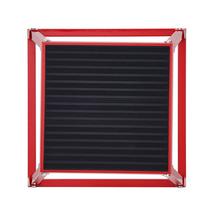 Red 18-inch steel plyometric jump box with anti-slip surface for fitness, agility, and strength training in home gym settings.