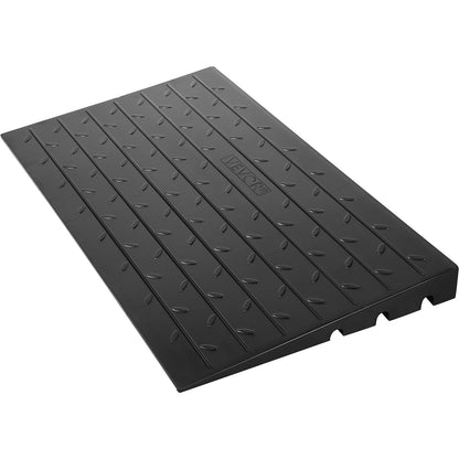 Rubber threshold ramp with 7.62 cm rise for doorways, supports wheelchairs and scooters, rated for 997.9 kg load capacity.