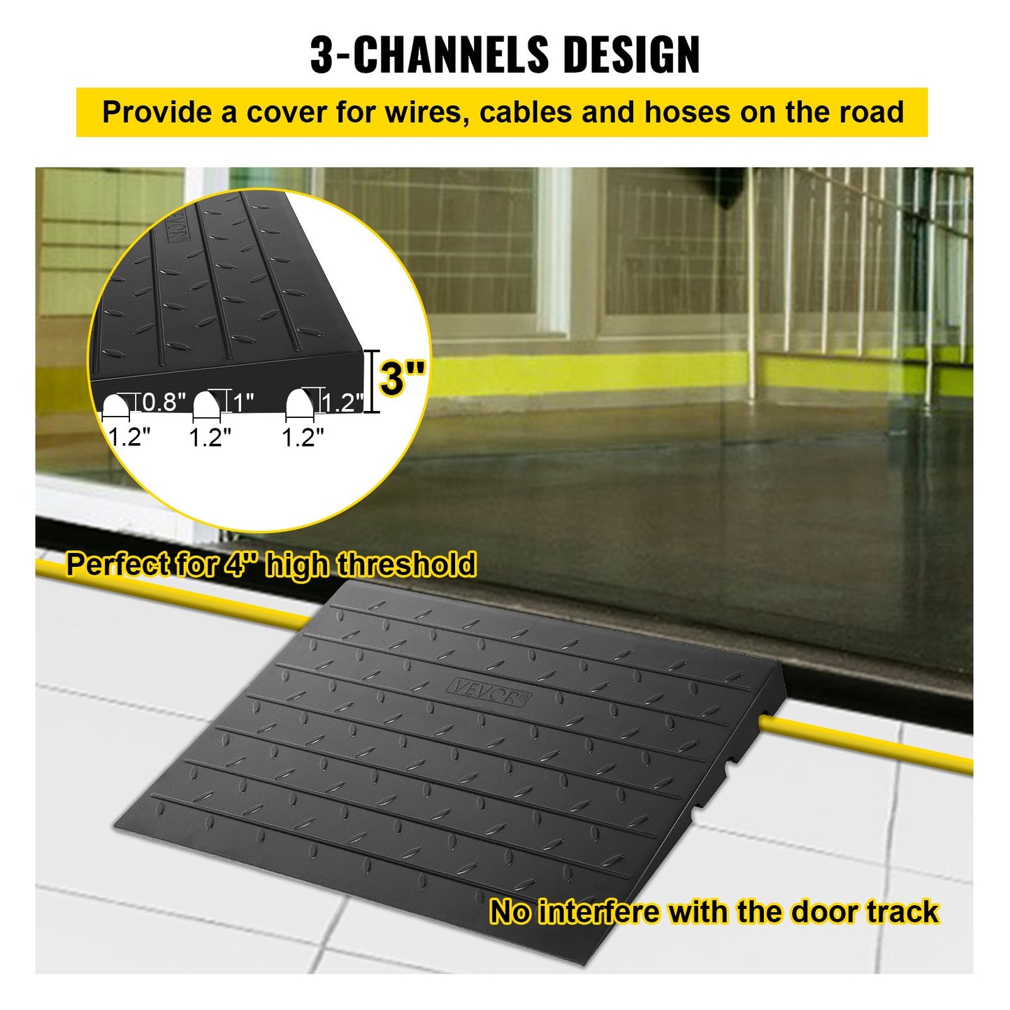 Rubber threshold ramp with 7.62 cm rise, designed for wheelchair and scooter entry, supports up to 997.9 kg load, Hlpmedical.