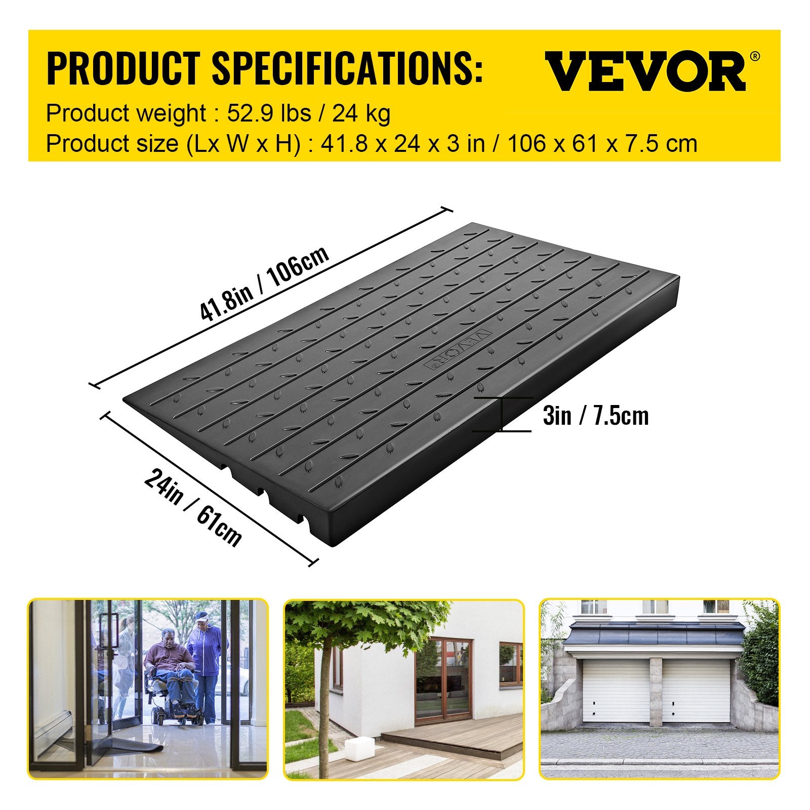 Rubber threshold ramp with 7.62 cm rise, designed for wheelchairs and scooters, rated for 997.9 kg load capacity, by Hlpmedical.