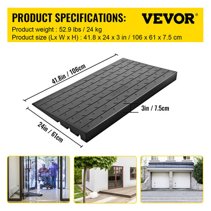 Rubber threshold ramp with 7.62 cm rise, designed for wheelchairs and scooters, rated for 997.9 kg load capacity, by Hlpmedical.