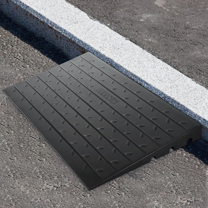 Rubber threshold ramp with 7.62 cm rise and three channels, ideal for wheelchair and scooter entry, rated for 997.9 kg load.