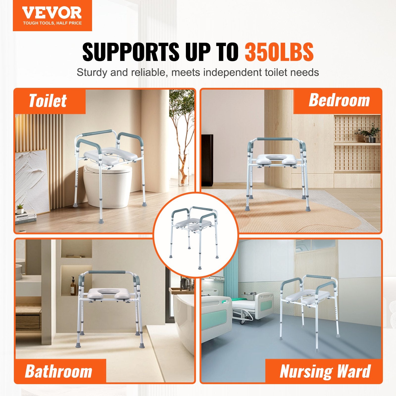 Hlpmedical bedside commode chair with padded seat, adjustable height, raised toilet seat, removable bucket, and armrests for seniors.