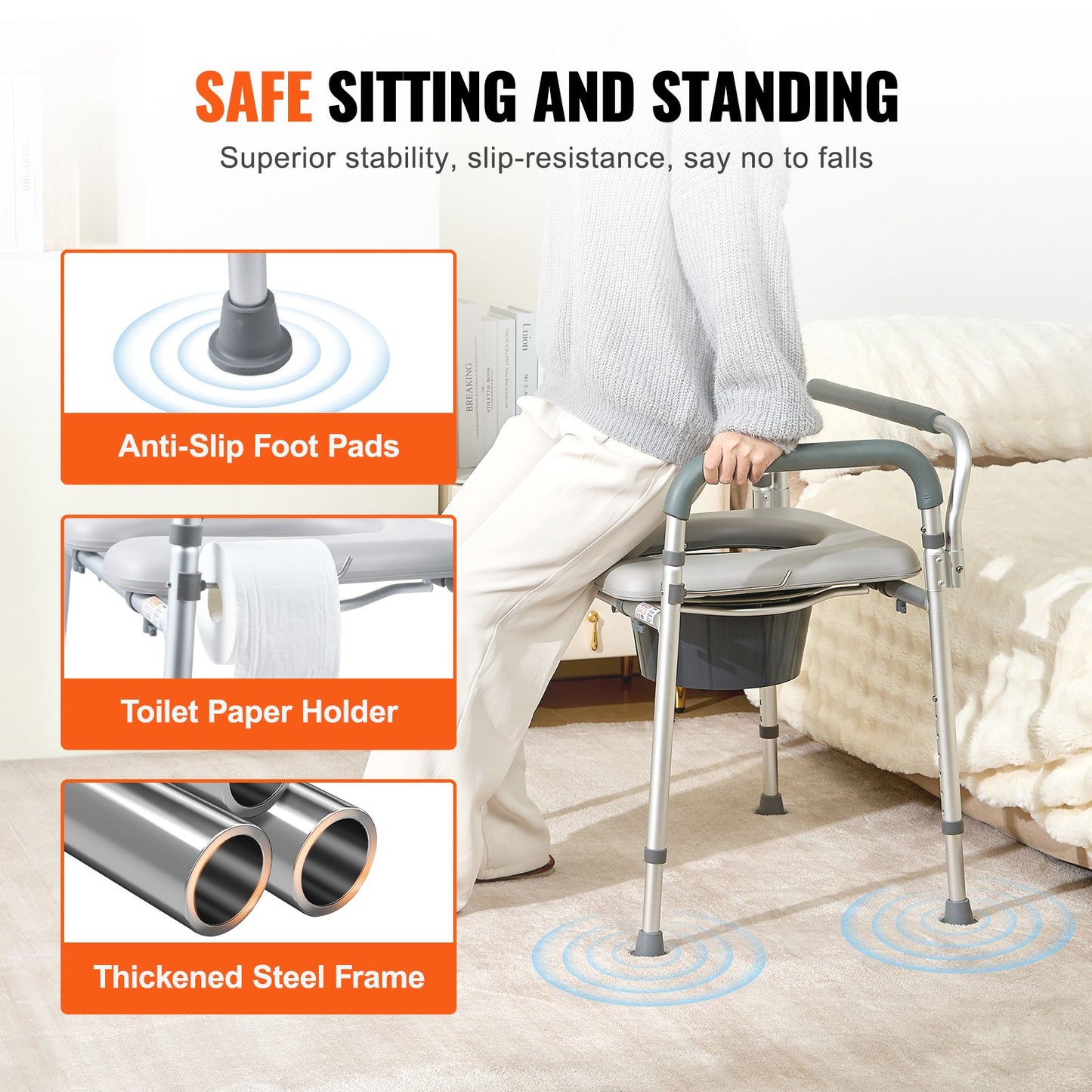 Hlpmedical bedside commode chair with padded seat, adjustable height, removable bucket, and raised toilet seat for adults and seniors.