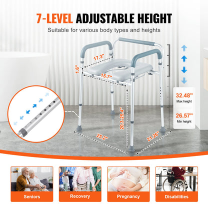 Hlpmedical bedside commode chair with padded seat, adjustable height, removable bucket, and armrests for adult seniors.