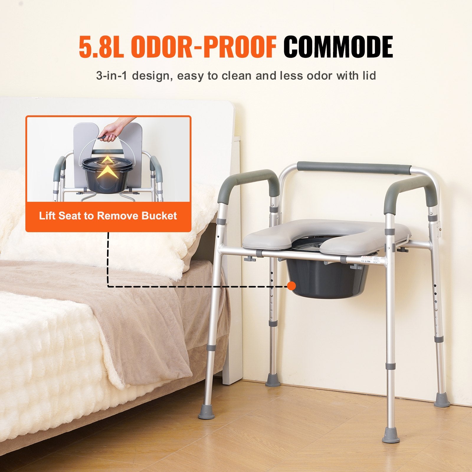 Hlpmedical bedside commode chair with padded seat, adjustable height, removable bucket, and raised toilet seat for adults and seniors.