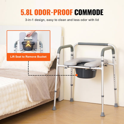 Hlpmedical bedside commode chair with padded seat, adjustable height, removable bucket, and raised toilet seat for adults and seniors.