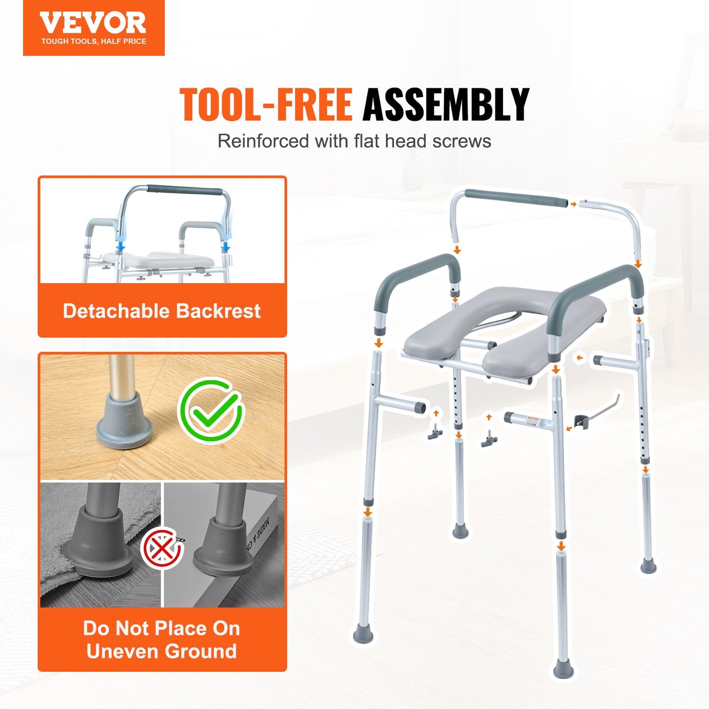 Hlpmedical bedside commode chair with padded seat, armrests, 7 adjustable height levels, removable bucket, and weight capacity.