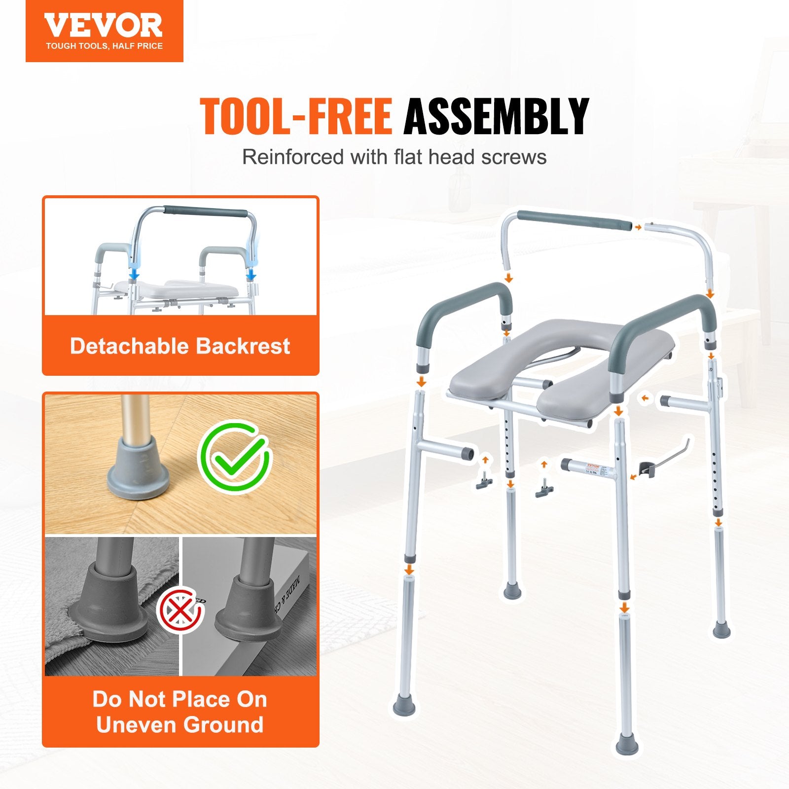 Hlpmedical bedside commode chair with padded seat, armrests, 7 adjustable height levels, removable bucket, and weight capacity.