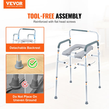 Hlpmedical bedside commode chair with padded seat, armrests, 7 adjustable height levels, removable bucket, and weight capacity.