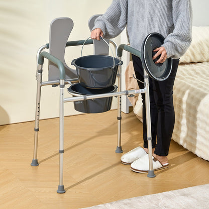Hlpmedical bedside commode with padded seat, adjustable height, removable bucket, and armrests, suitable for seniors and adults.