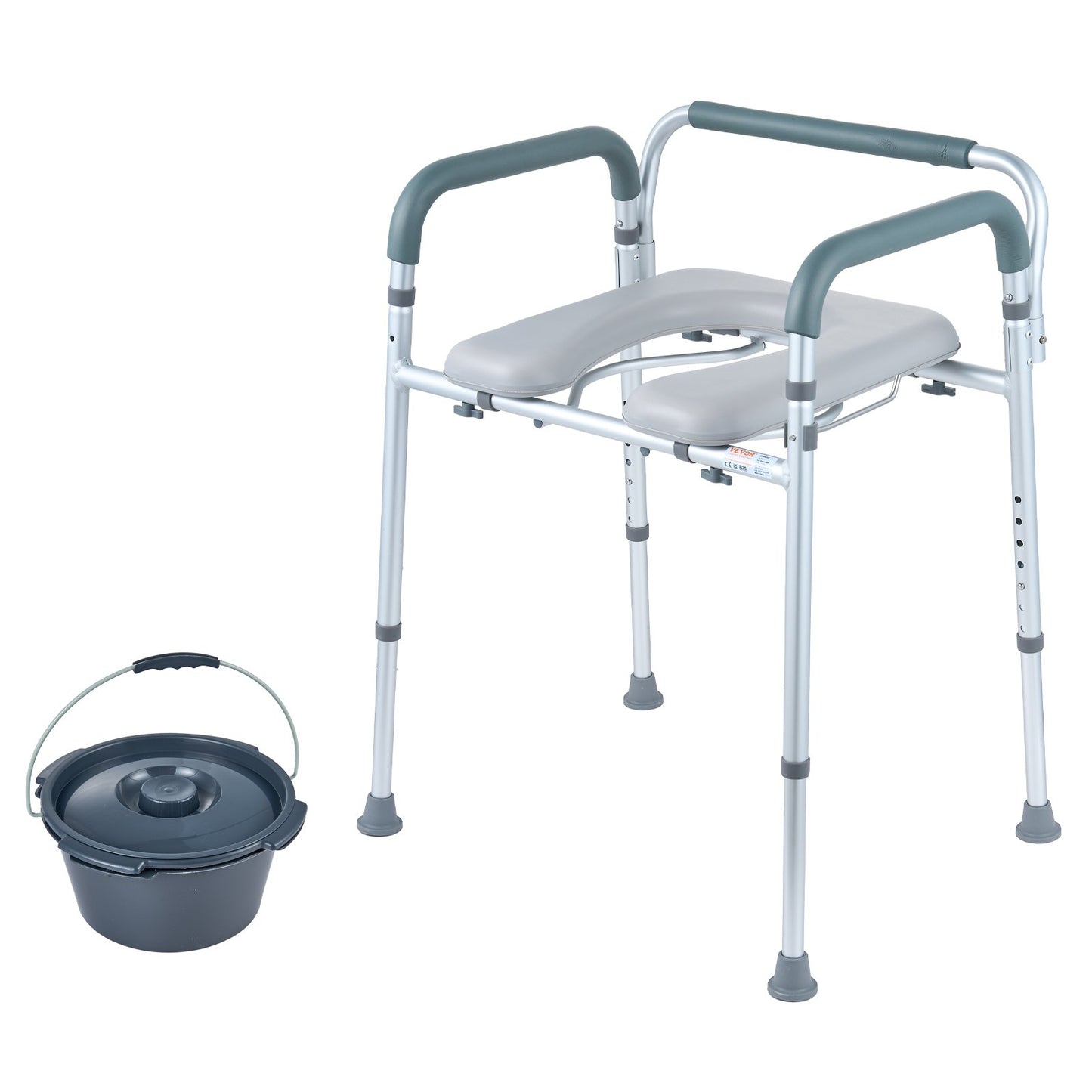 Hlpmedical bedside commode chair with padded seat, armrests, 7-level height adjustment, and removable bucket for seniors and adults.