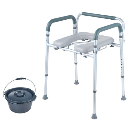 Hlpmedical bedside commode chair with padded seat, armrests, 7-level height adjustment, and removable bucket for seniors and adults.