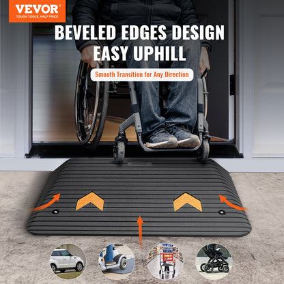 Hlpmedical rubber threshold ramp with textured surface, 8.9 cm rise, 15-ton capacity, suitable for wheelchairs and scooters.