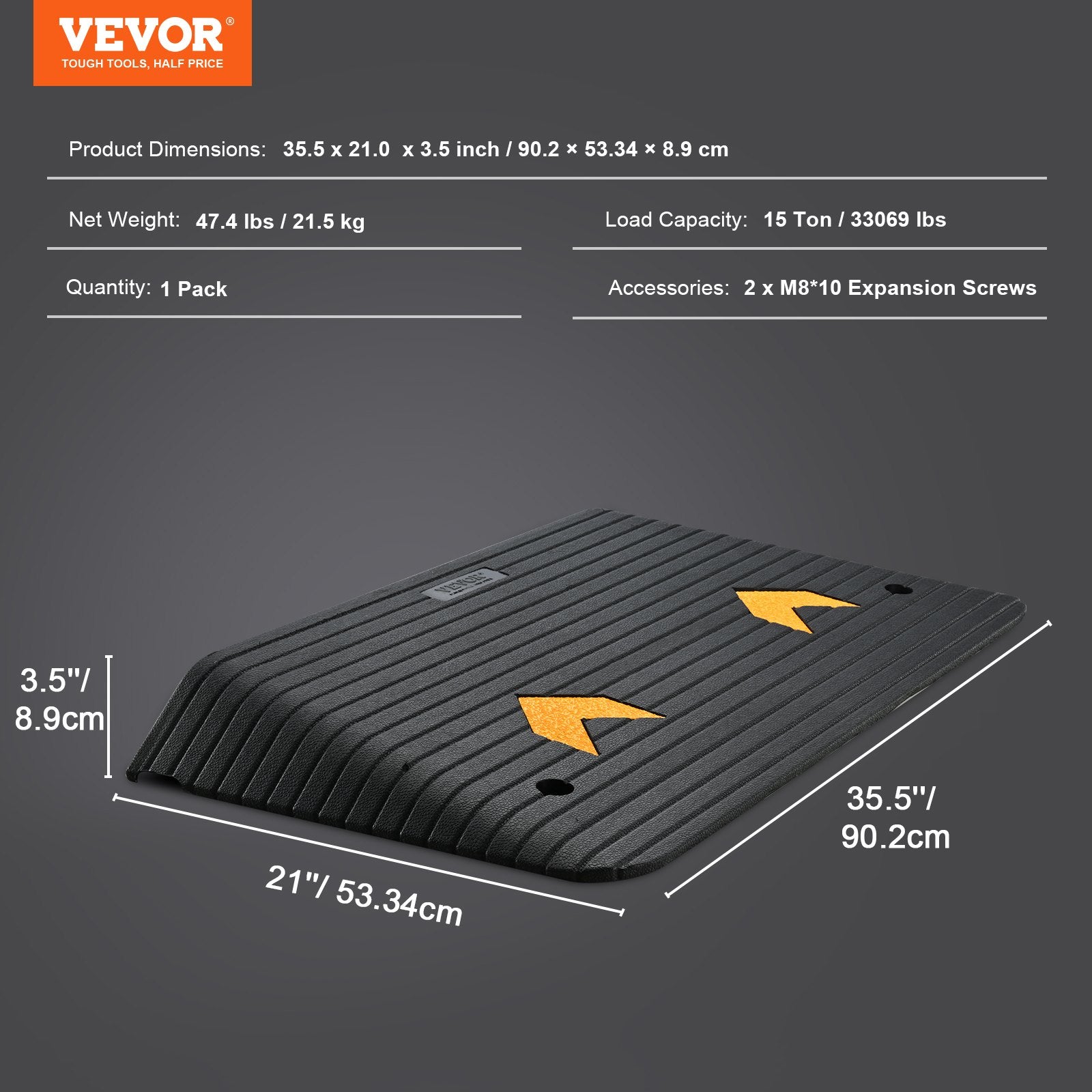 Upgraded rubber threshold ramp with textured surface and 8.9 cm rise, ideal for wheelchairs and scooters, supports 15 tons.