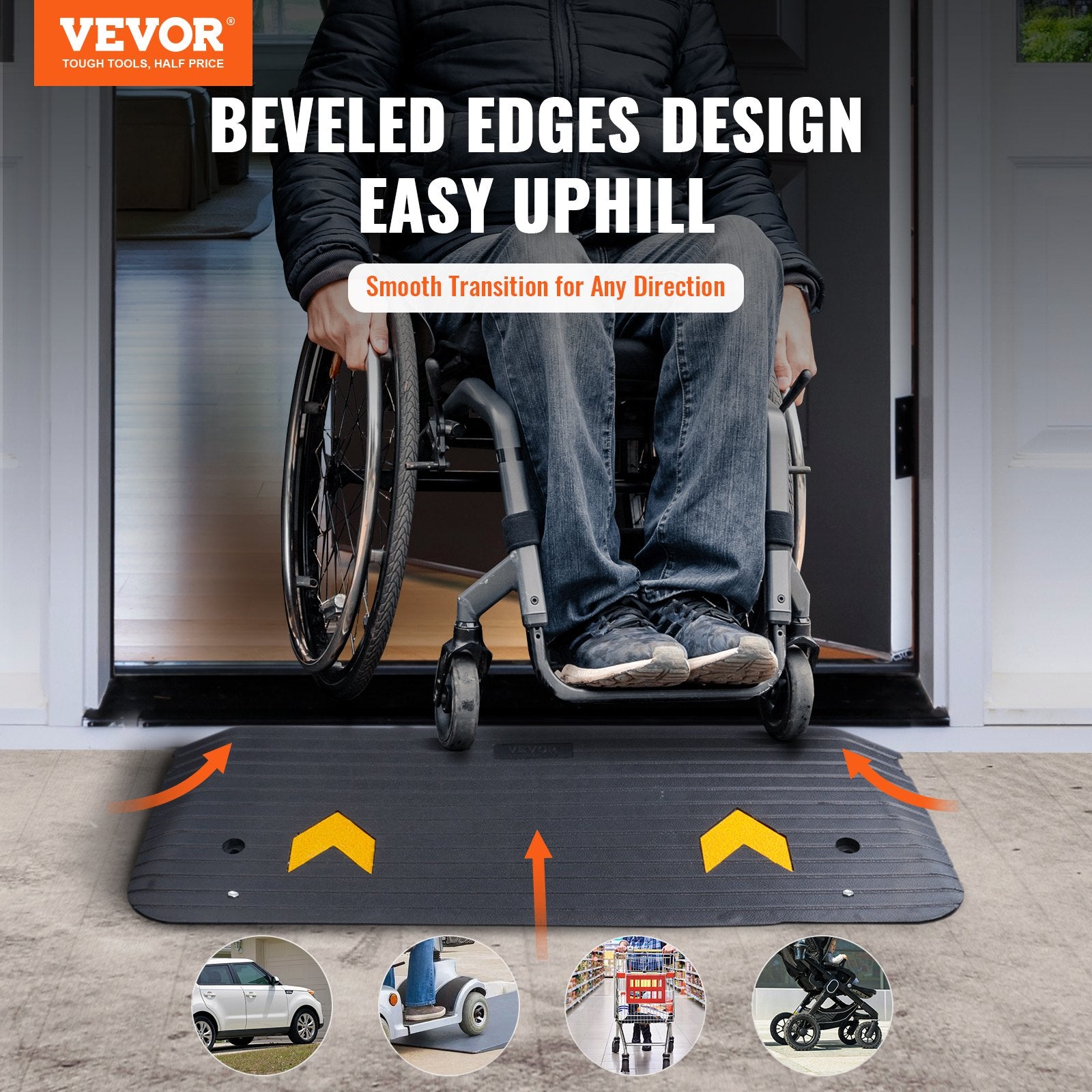 Rubber threshold ramp with 5cm rise, non-slip surface, rated for 15 tons, suitable for wheelchairs and scooters, by Hlpmedical.