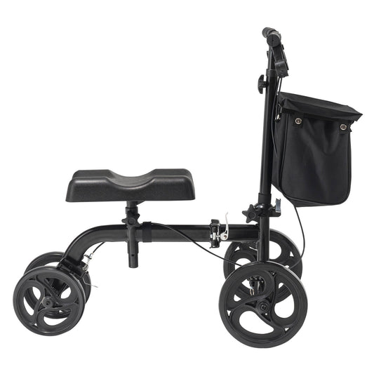 Hlpmedical folding knee scooter with height-adjustable handlebar, all-terrain wheels, dual brakes, and knee pad for mobility recovery.