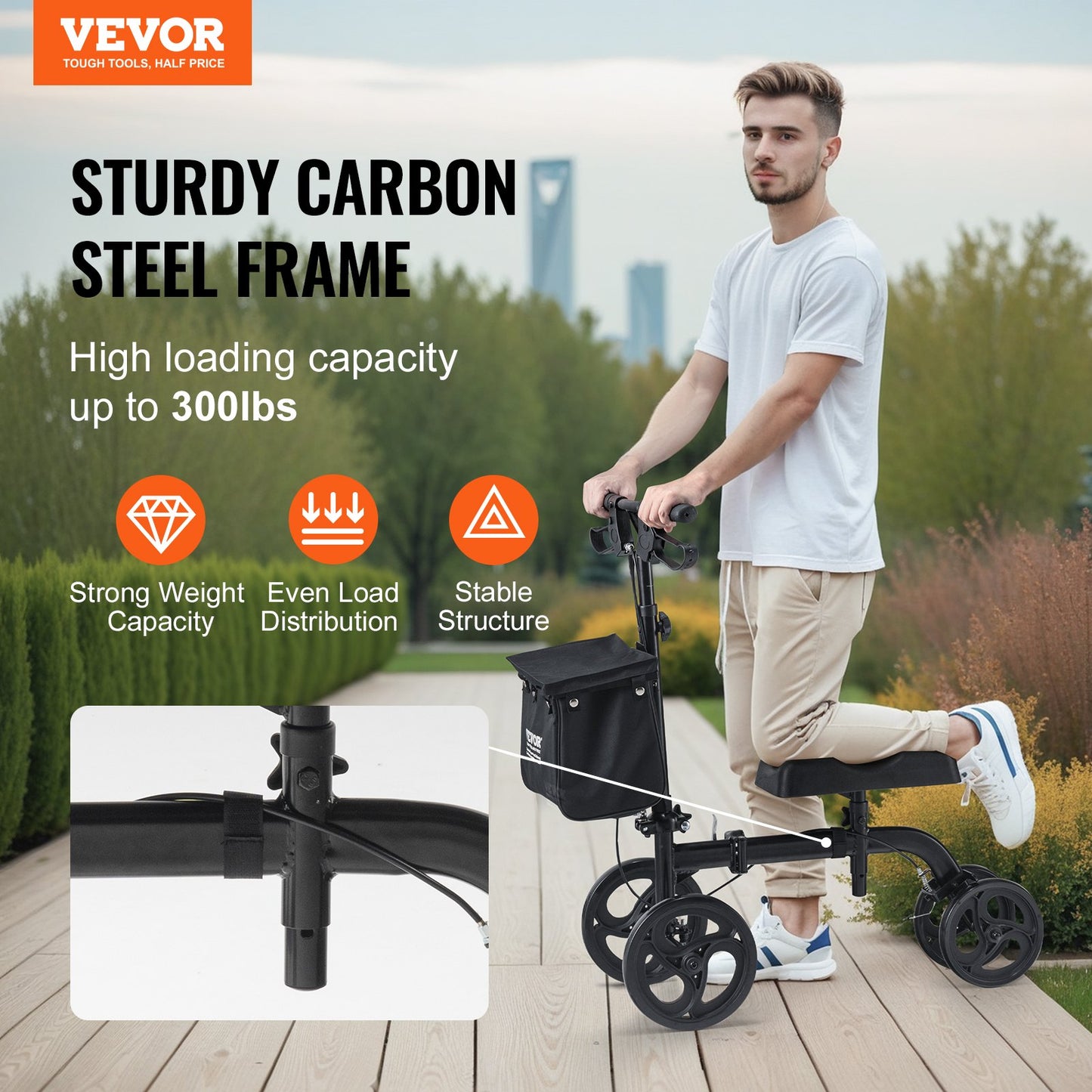Hlpmedical folding knee scooter with height-adjustable handlebar, knee pad, all-terrain wheels, and dual brakes for leg injury recovery.