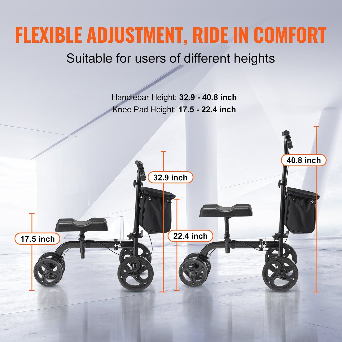 Hlpmedical folding knee scooter with adjustable handlebar, knee pad, all-terrain wheels, and dual brakes for mobility and injury recovery.