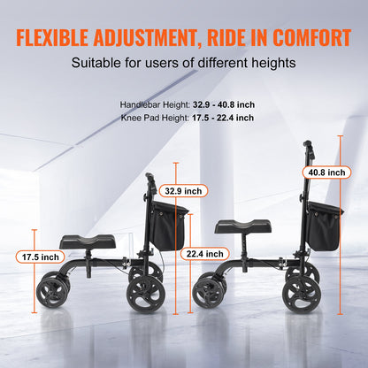 Hlpmedical folding knee scooter with adjustable handlebar, knee pad, all-terrain wheels, and dual brakes for mobility and injury recovery.