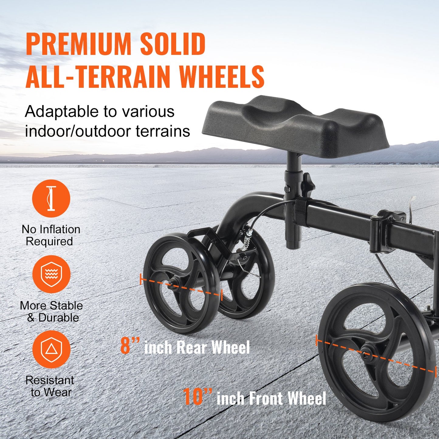 Hlpmedical folding knee scooter with adjustable handlebar, knee pad, solid wheels, and dual brakes for mobility and leg recovery.
