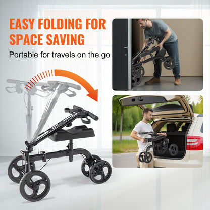 Hlpmedical folding knee scooter with adjustable handlebar, knee pad, all-terrain wheels, and dual brakes for leg injury recovery.