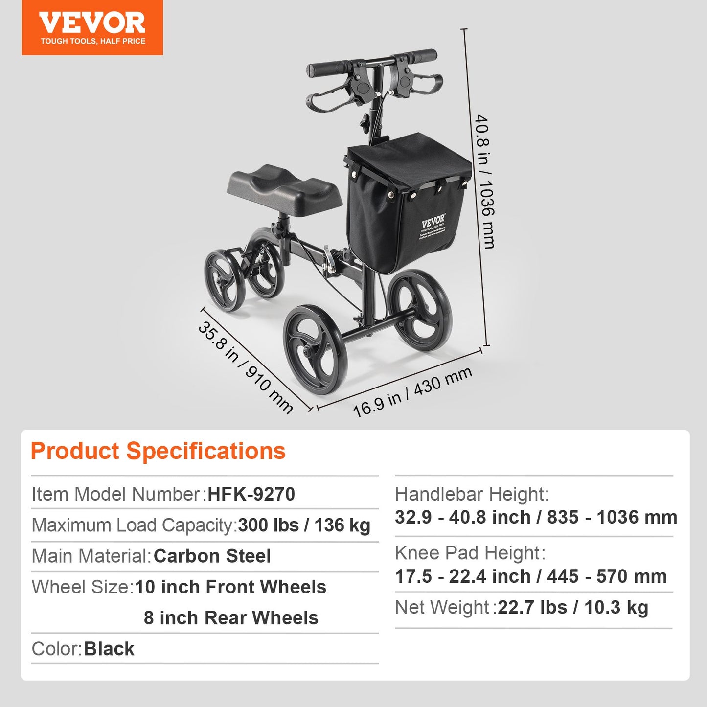 Hlpmedical folding knee scooter with adjustable handlebar, knee pad, all-terrain wheels, and dual brakes for leg injury recovery.