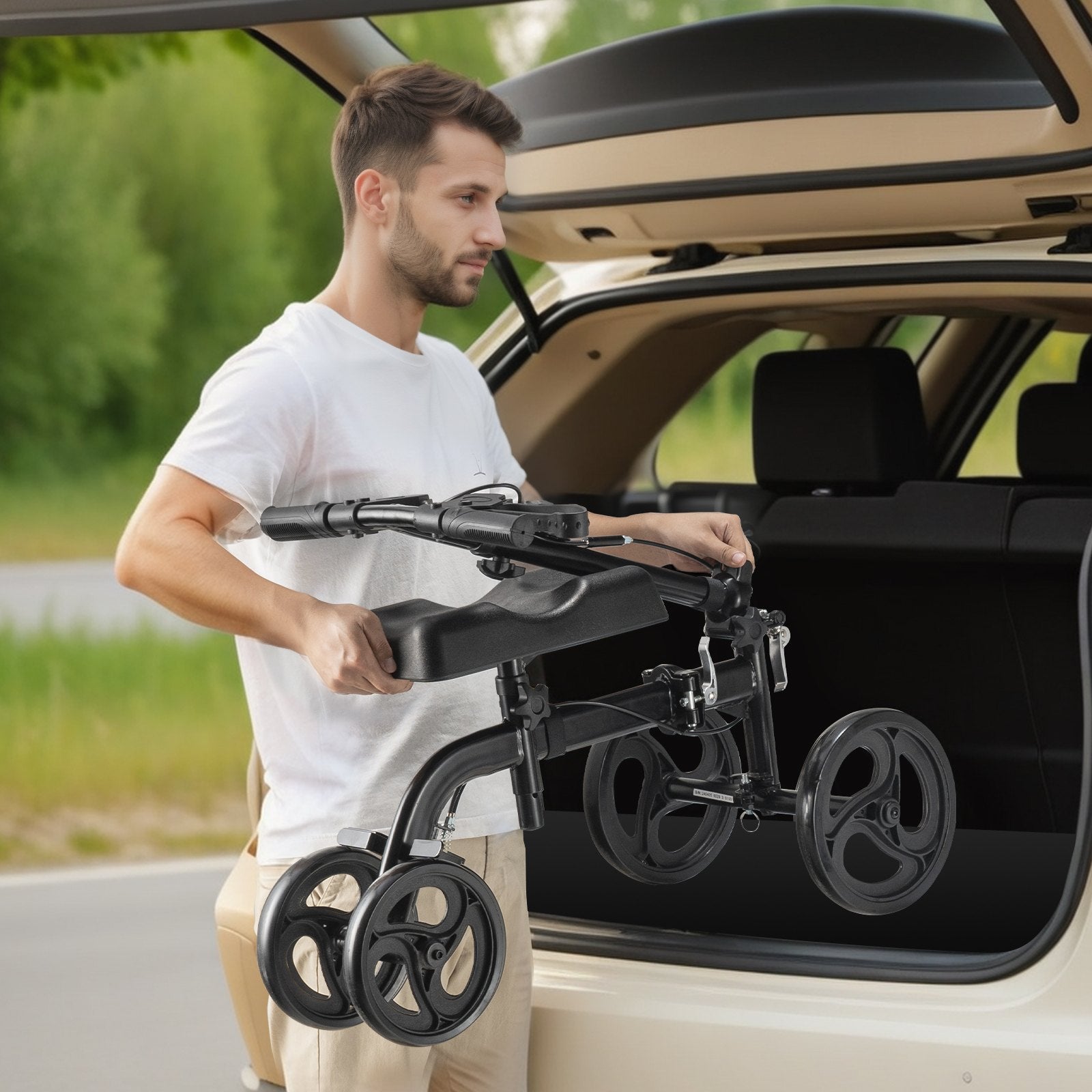 Hlpmedical folding knee scooter with height-adjustable handlebar, leg pad, all-terrain wheels, and dual brakes for injury recovery.