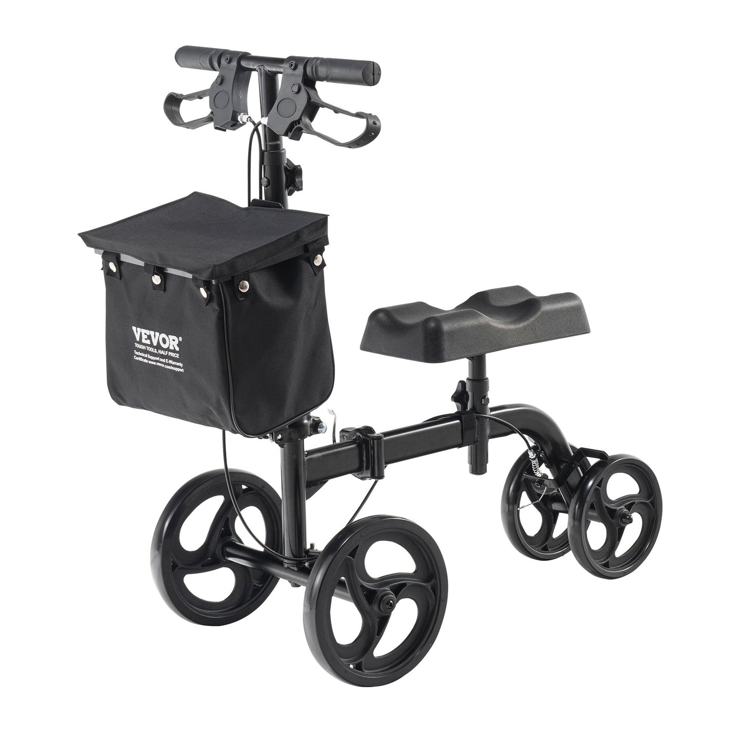 Hlpmedical folding knee scooter with adjustable handlebar, solid wheels, dual brakes, and knee pad for mobility and leg injury recovery.